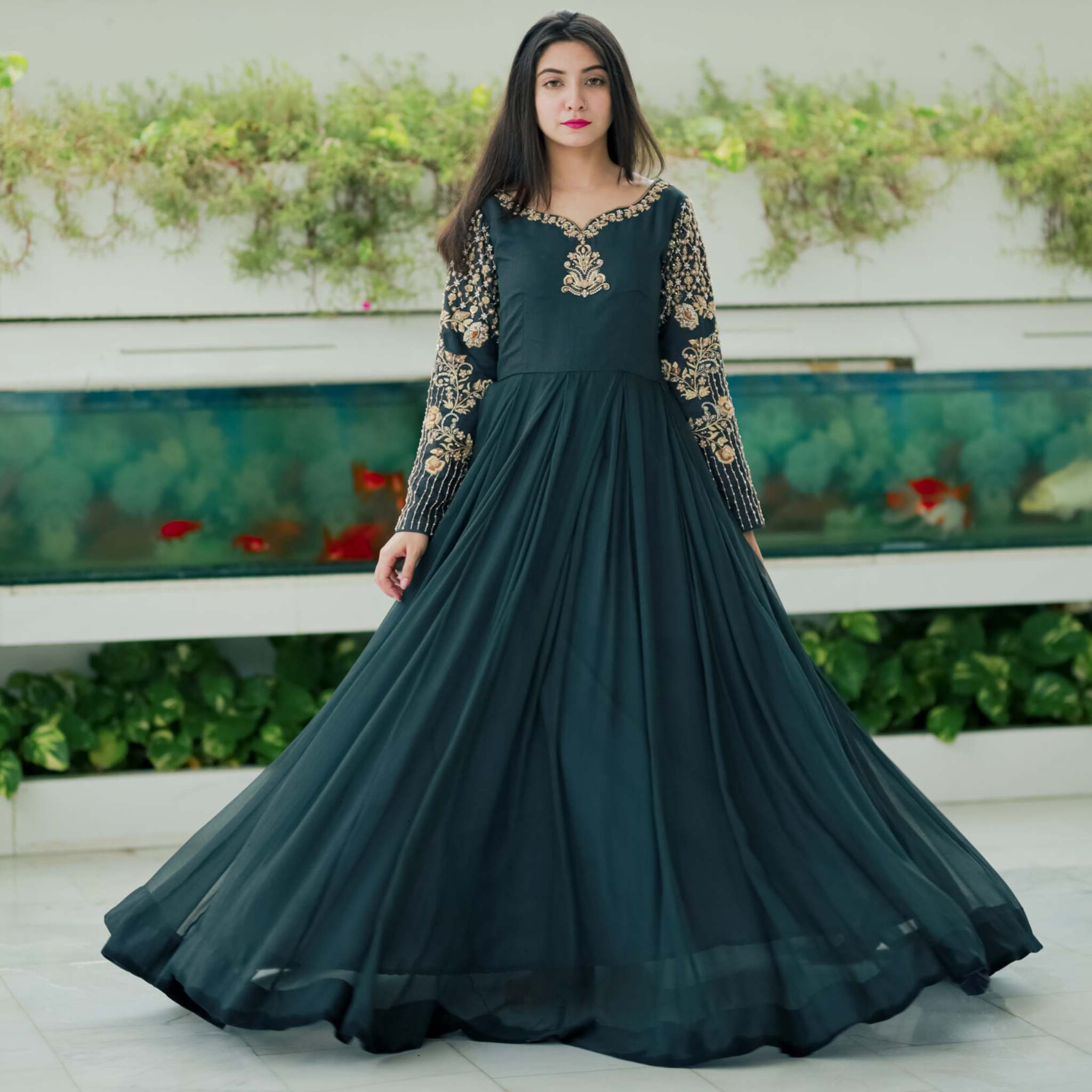 IF 213 SOLID GREY LONG FLARED CHIFFON HAND EMBELLISHED ANARKALI
