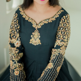IF 213 SOLID GREY LONG FLARED CHIFFON HAND EMBELLISHED ANARKALI