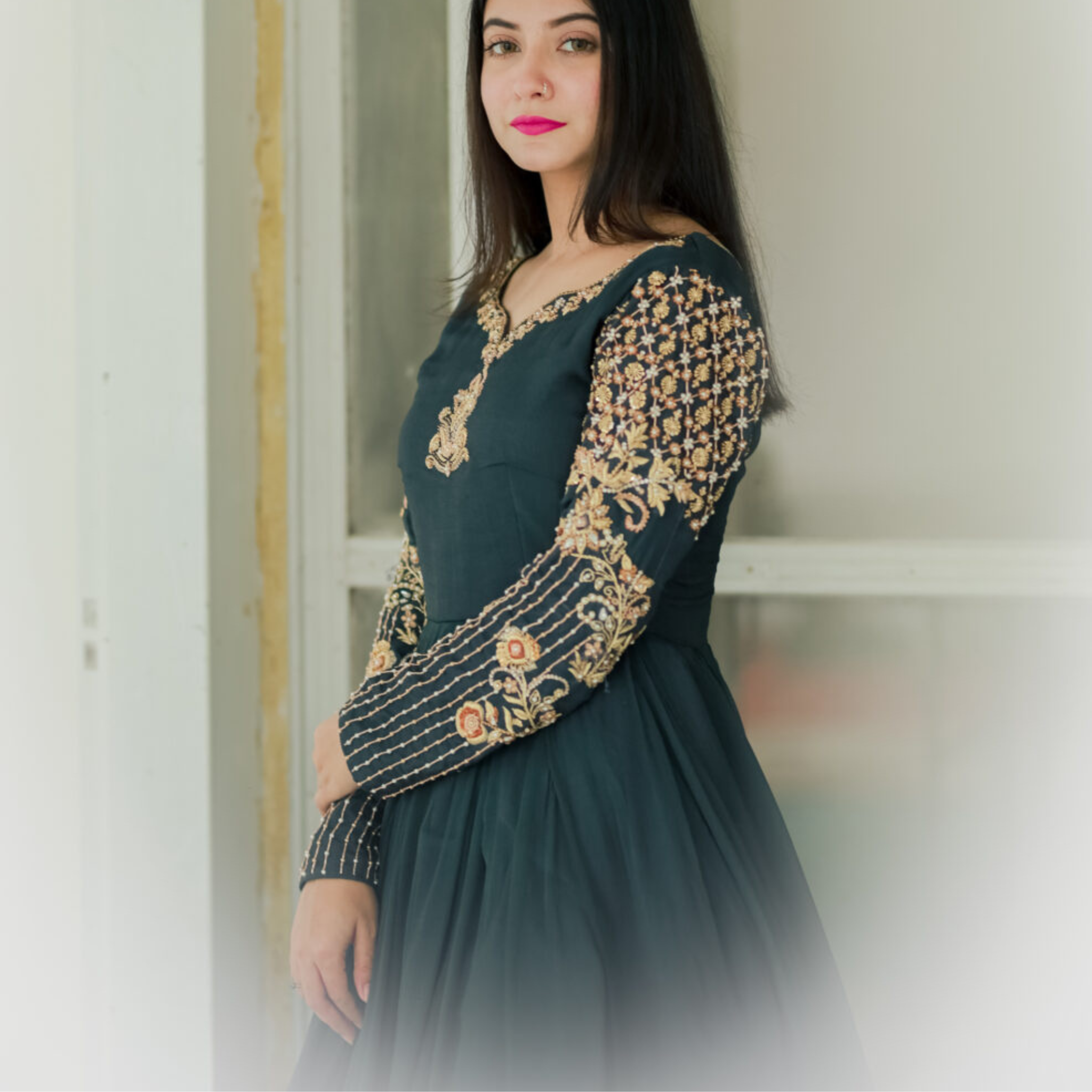 IF 213 SOLID GREY LONG FLARED CHIFFON HAND EMBELLISHED ANARKALI