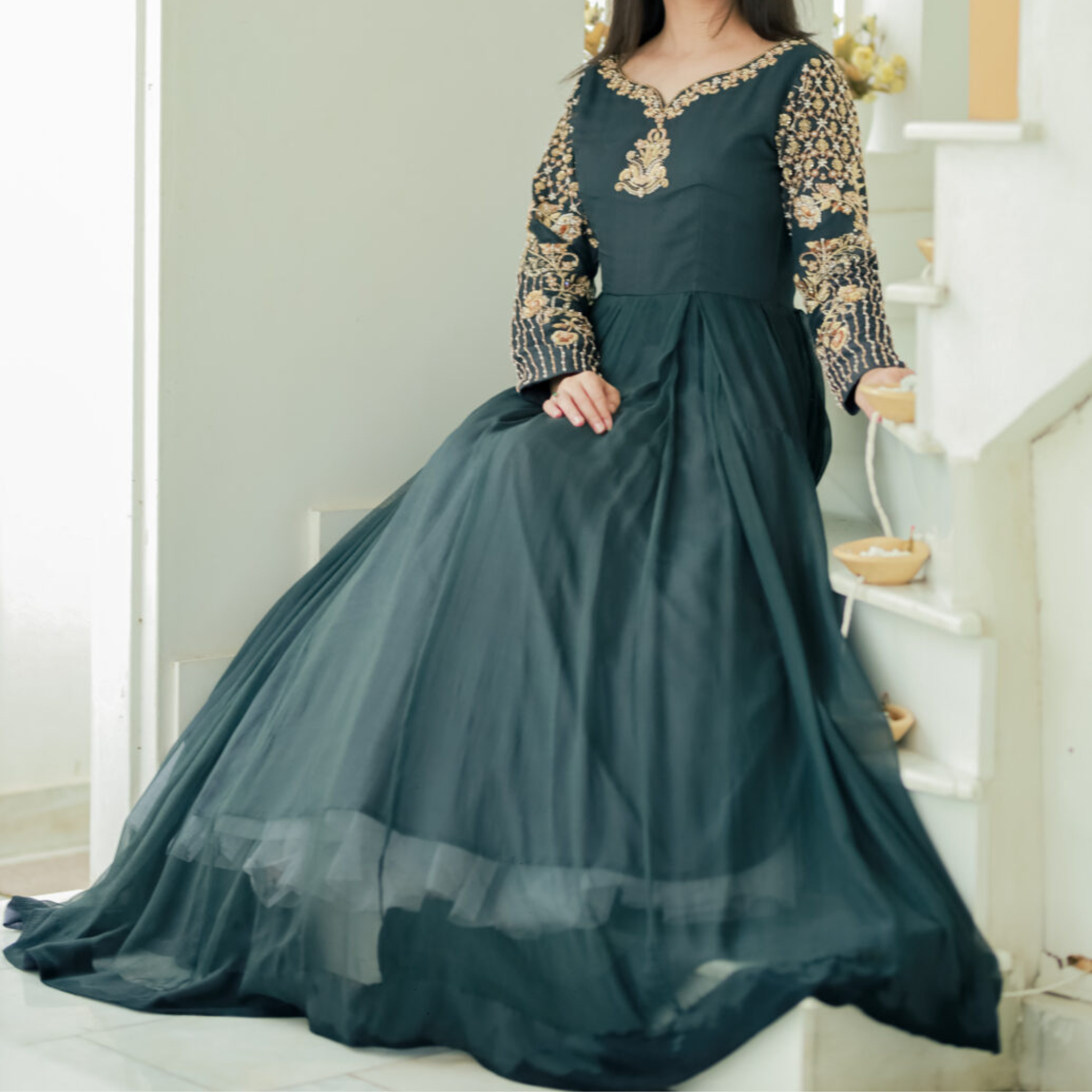 IF 213 SOLID GREY LONG FLARED CHIFFON HAND EMBELLISHED ANARKALI