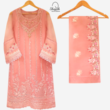 AS 44 Pink Gold Stitched 3 Pc Pure Organza Shirt With Dupatta